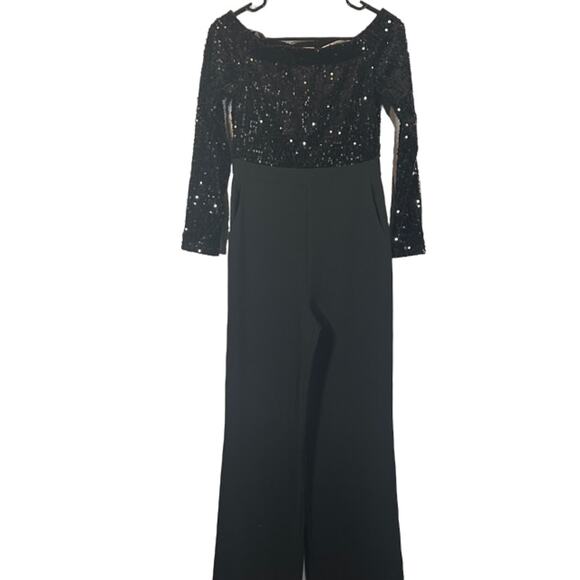 Eliza J Black Sequin One Piece Zipper Back Pants Jumpsuit W/ Pockets Women Sz 4 - Picture 1 of 11